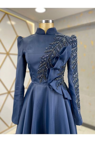 PİENNAR Flower Detailed Hazel Hijab Evening Dress Navy Blue