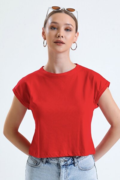 MD trend Women's Red Crew Neck Bat Sleeve Basic Crop T-Shirt