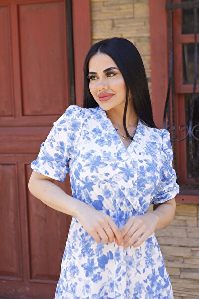 LİLA İSTANBUL Kruvaze Yaka Çiçek Desenli Yazlık Elbise