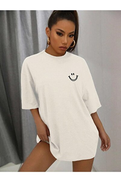 ALİKA Tricou unisex cu imprimeu grafic Smile, alb, oversize, cu decolteu triplu