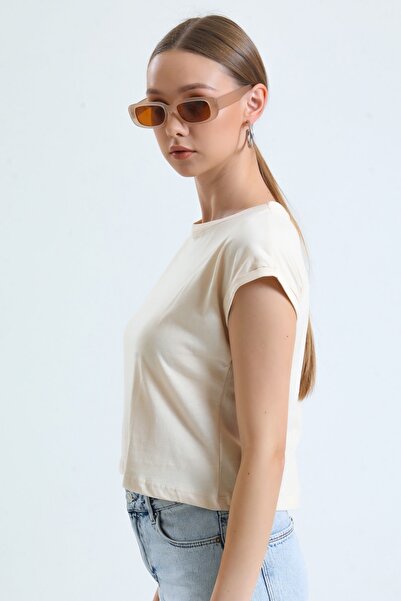 MD trend Women's Stone Crew Neck Bat Sleeve Basic Crop T-Shirt