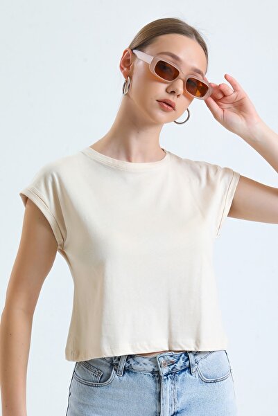 MD trend Women's Stone Crew Neck Bat Sleeve Basic Crop T-Shirt