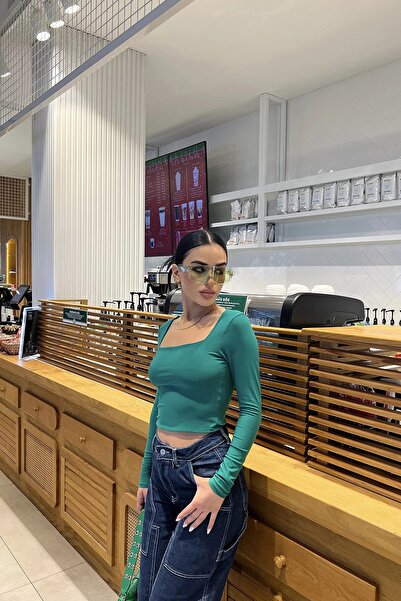 Jose Clothing Kadın Kare Yaka Uzun Kollu Crop Bluz