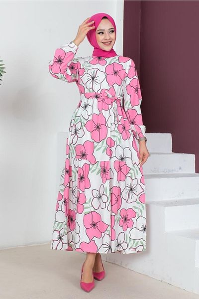 benguen 448 Big Flower Patterned Hijab Dress Pink
