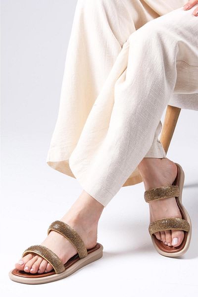 Mio Gusto Regina Tan Color Double Banded Stone Women's Flat Slippers