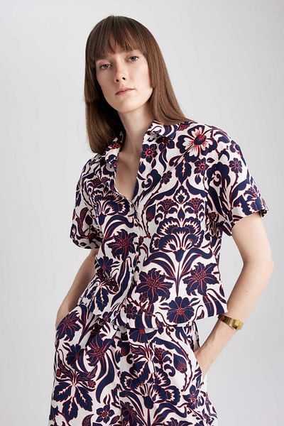 DeFacto Patterned Poplin Short Sleeve 100% Cotton Shirt A7082ax23hs