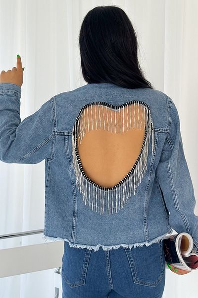 FEMELLE Jachetă din denim pentru femei, sezon nou, cu lanț de inimă pe spate și decoltat