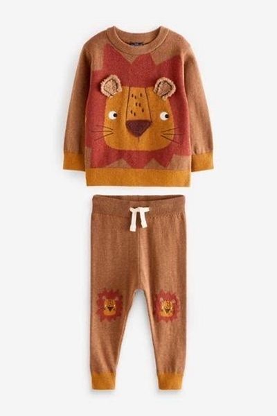 Next Baby 100% Cotton Brown Lion Patterned Knitwear Set