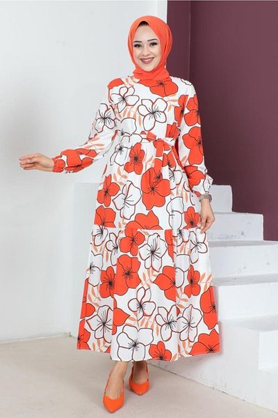 benguen 448 Large Flower Patterned Hijab Dress Orange