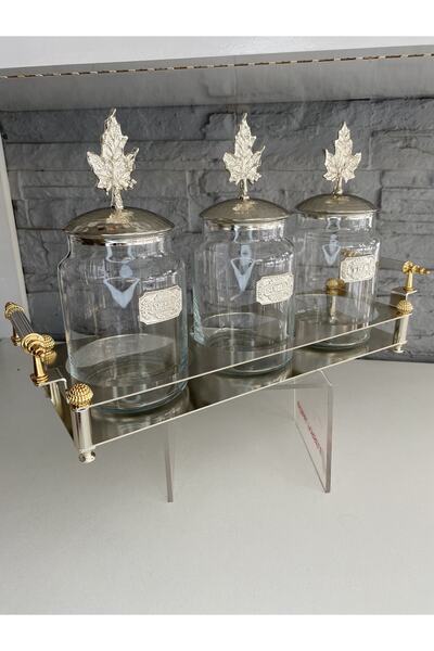 ALANYA HOME DECOR Platin Yapraklı 3lü Standlı Kavanoz Seti Gümüş 45x13x25 Cm