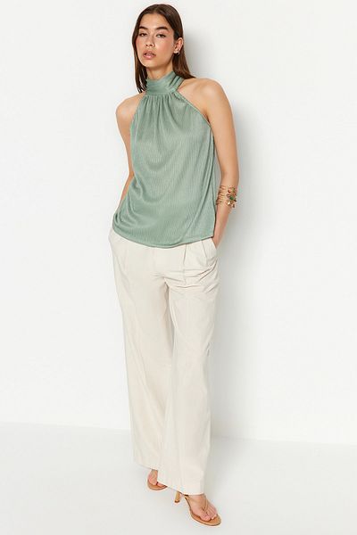 Trendyol Collection Mintfarbene, hochgeschlossene, plissierte Strickbluse mit normaler Passform TWOSS23BZ00952