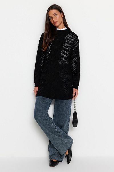 Trendyol Modest Черен ажурен трикотажен пуловер TCTAW22AK0089