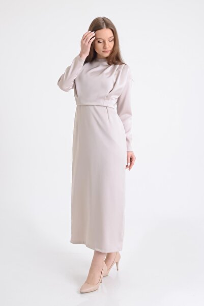 SpringStore Bej Saten Abiye Elbise