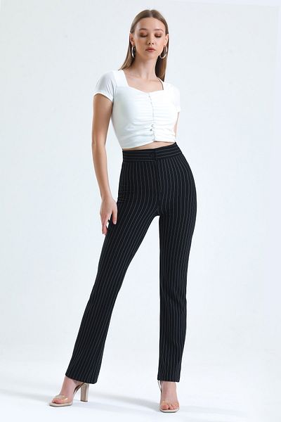 MD trend Women's Black High Waist Straight Fit Lycra Striped Pants