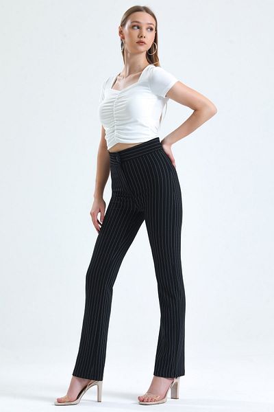 MD trend Women's Black High Waist Straight Fit Lycra Striped Pants