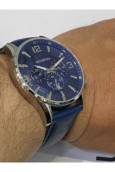 Quantum Sport Navy Blue Leather Strap 100% Steel Navy Blue Dial 100 M 46 Mm Men's Wristwatch