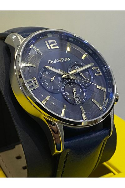 Quantum Sport Navy Blue Leather Strap 100% Steel Navy Blue Dial 100 M 46 Mm Men's Wristwatch