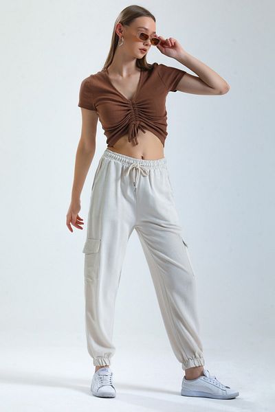 MD trend Women's Stone Cargo Pocket Elastic Waist Lace Jogger Linen Trousers