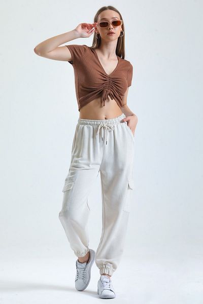MD trend Women's Stone Cargo Pocket Elastic Waist Lace Jogger Linen Trousers
