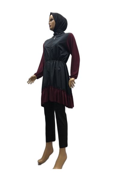 eflin Women's Clothing Ruffled Full Covered Hijab Swimsuit Black-burgundy