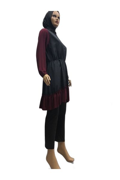 eflin Women's Clothing Ruffled Full Covered Hijab Swimsuit Black-burgundy