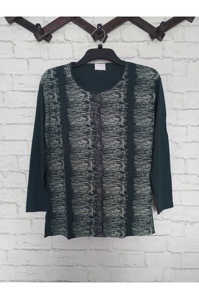 anne moda ankara Διαμήκες μοτίβο Πλήρες καλοκαιρινό λεπτό κοντό μπλουζάκι με μακρυμάνικο λαμπερό βισκόζη