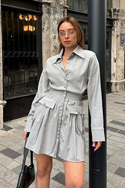 Swist Gray Striped Button Detail Shirt Collar Women's Mini Dress