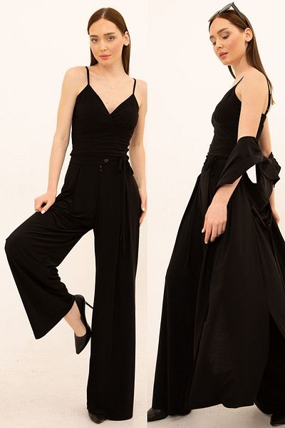 Laranor Black Wide Leg Lace-up Pleat Detail Trousers