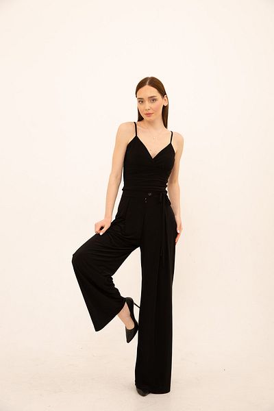 Laranor Black Wide Leg Lace-up Pleat Detail Trousers