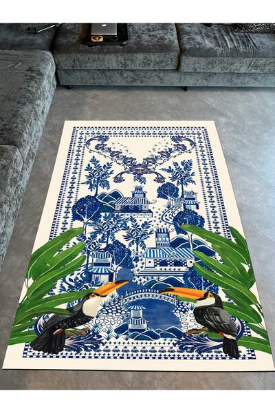 Rugs Modern Halı Blue Blanc Ve Botanik Tema Dijital Baskı Dekoratif Dokuma Ta...