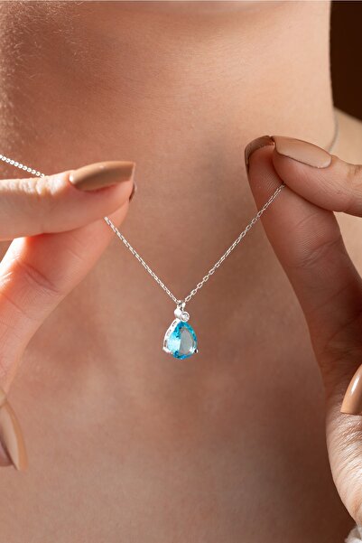 Zundesilver 925 Ayar Rodyumlu Aquamarin Taşlı Damla Model Gümüş Kolye
