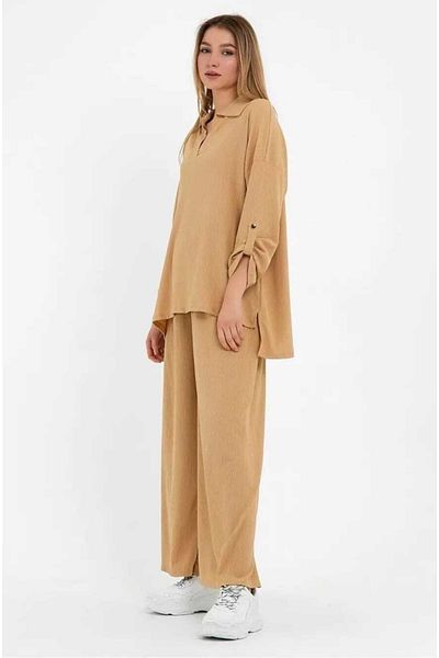 DUSOHOME Wide Cut V-Neck Wrap Hijab Shirt Pants Bottom Top Set