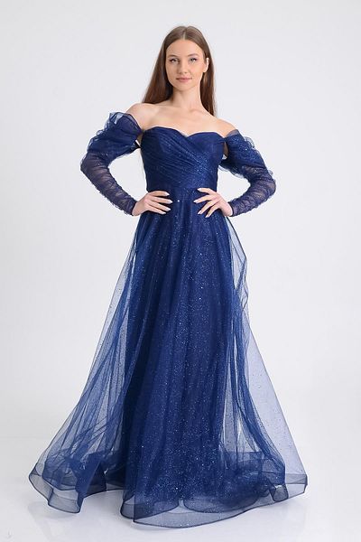 SpringStore Rochie de seara din tul cu maneca lunga bleumarin