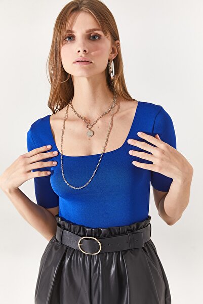 Olalook Жіночий светр Saks блакитний з квадратним коміром і талією блузка BLZ19001378