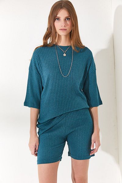 Olalook Women's Petrol Blue Bottom Short Tights Top Loose Blouse Set TKM-19000200