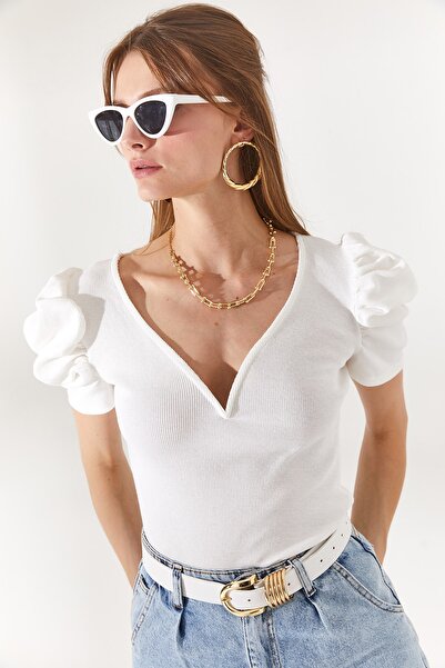 Olalook Γυναικεία εκρού V Βαμβακερή μπλούζα με λεπτομέρεια Princess Sleeve BLZ-19002296
