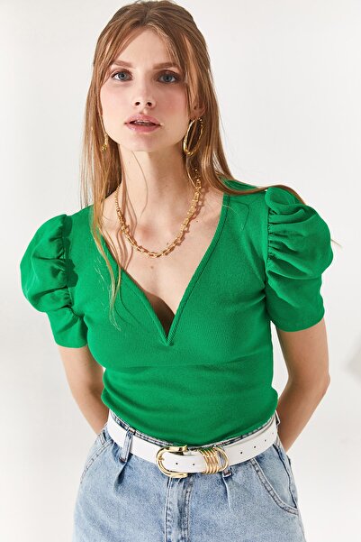 Olalook Γυναικεία γρασίδι Πράσινη V Μπλούζα με λεπτομερή μανίκια από βαμβάκι BLZ-19002296