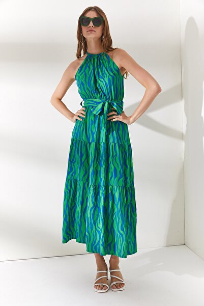 Olalook Kadın Zebra Yeşil Halter Yaka Kuşaklı Dokuma Viscon Elbise ELB-19001548
