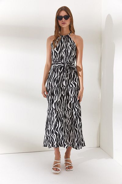 Olalook Γυναικείο φόρεμα Zebra Black Halter με ζωνό υφασμένο Viscon φόρεμα ELB-19001548