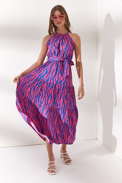 Olalook Women's Zebra Fuchsia Halter Neck Belted Woven Viscon Dress ELB-19001548