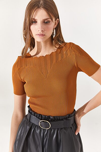 Olalook Kadın Tarçın Yaka Ajurlu Triko Bluz BLZ-19002226