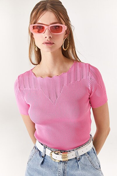 Olalook Γυναικεία πλεκτά μπλούζα με ροζ γιακά καραμέλα BLZ-19002226