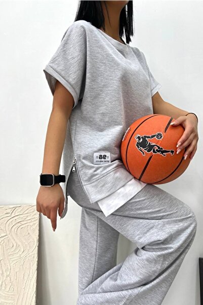 lovebox Women's Two Thread Cotton Fabric Oversize Design Side Zipper Detailed Gray Tracksuit Set 016