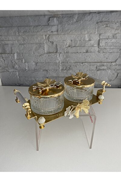ALANYA HOME DECOR Gold Kelebekli 2li Tepsili Kase Sunumluk/çerezlik Altın 26x...