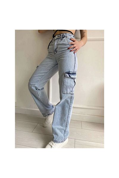 LİMABEL Džíny Cargo Pocket s vysokým pasem 100% bavlna Blue Snow Wash