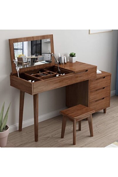 one design Masif Ahşap Makyaj Masası Ceviz Renk Tuvalet Masası