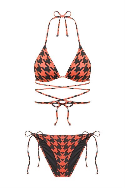 AQUELLA Houndstooth Pattern Orange Triangle Bikini Set
