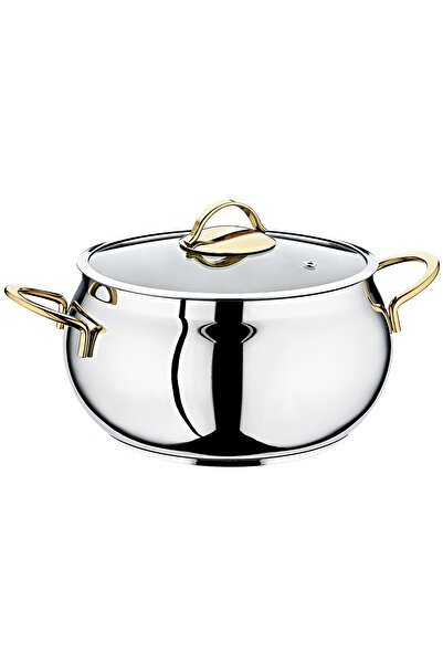 OMS PASLANMAZ 2031 2 Parça Paslanmaz Çelik Çift Kulplu 30x10 Cm 13,5 Litre Çerçeveli Cam Kapaklı Tencere Gold Sap
