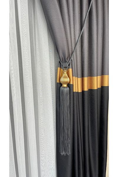 Yuka Adde Panel Background Curtain Gray Anthracite Gold Striped Single Wing Closely Pleated Jacquard Shiny Patterned