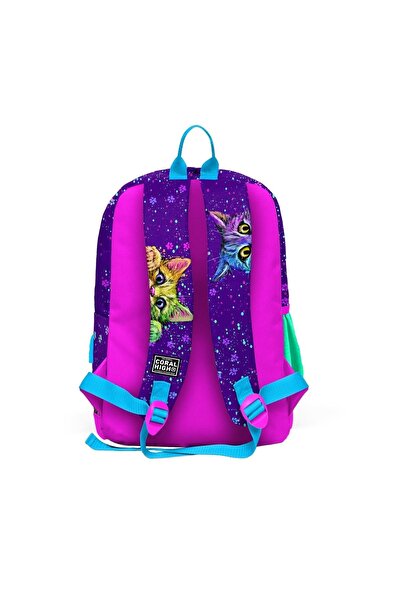 Coral High Kids Purple Pink Cat Patterned Four Compartment USB School Backpack 23832